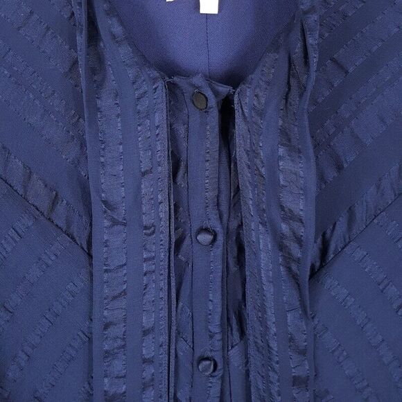 REBECCA TAYLOR Top Womens Size 2 Navy Button Up Tie Scrarf Neck Sheer Sleeve - Picture 2 of 8